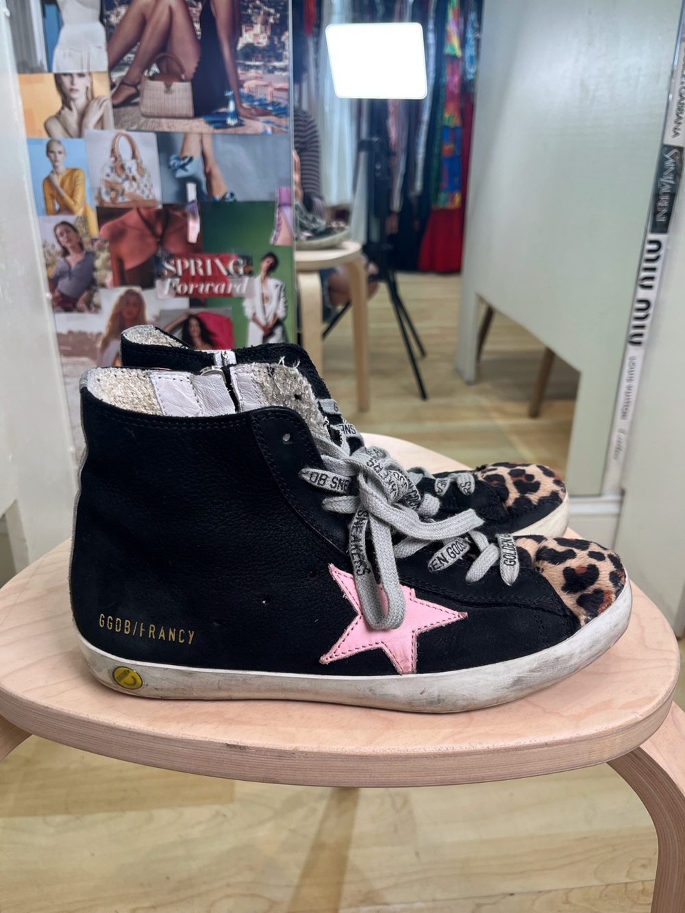 Golden Goose Black High-Top Sneakers with Pink Star & Leopard Toe Cap